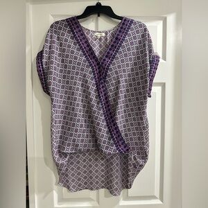 Max Studio Women's Faux Wrap Top High Low Short Cap Sleeves Blouse Large